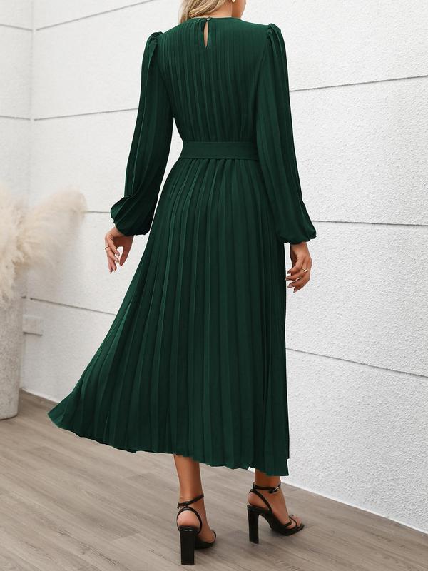 Women's Solid Belted Pleated A Line Dress, Elegant Bishop Sleeve Keyhole Neckline Long Dress for Party Holiday Wedding Guest, Ladies Fall & Winter Clothes