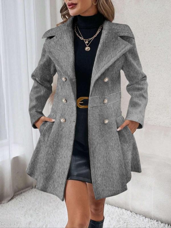 Women's Solid Double Button Lapel Pea Coat, Elegant Fashion Long Sleeve Pocket Design Coat for Daily Outdoor Wear, Women Clothing for Fall & Winter