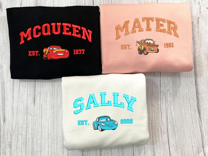 Cars Couple Embroidered Sweatshirt, Cartoon Mcqueen x Sally x Mater Embroidered Sweatshirts, Trending Crewneck, Vintage shirt, Embroidery Shirt, Gift For Him ECT003-005