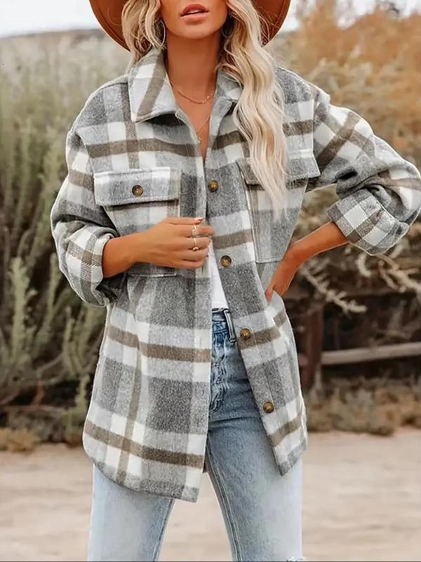 Women's Plaid Print Button Front Drop Shoulder Shirt Jacket, Casual Long Sleeve Flap Pocket Outerwear for Fall & Winter, Ladies Clothes for Daily Wear