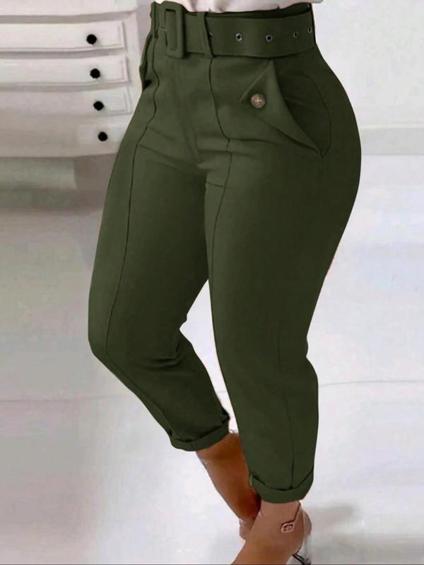 Women's Solid Color Button Pocket Belted Pants, Casual Comfy High Waist Trousers for Daily Wear, Ladies Bottoms for All Seasons, Black Girl Outfits Sweatpants