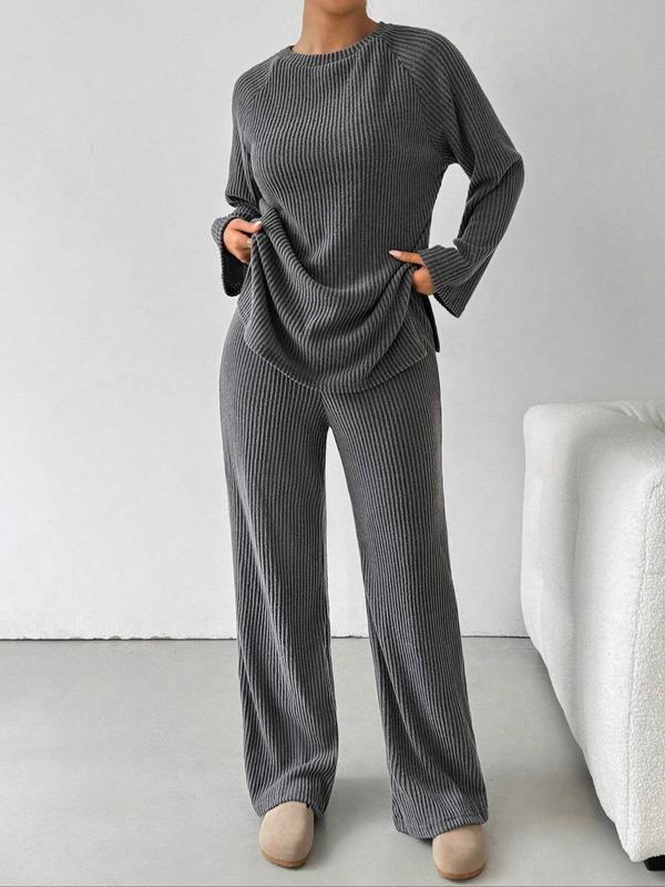 Women's Solid Raglan Sleeve Split Hem Tee & Elastic Waist Pants Ribbed Two-Piece Set, Casual Fashion Cozy Round Neck Top & Trousers for Daily Outdoor Wear, Women's Clothing for Fall & Winter