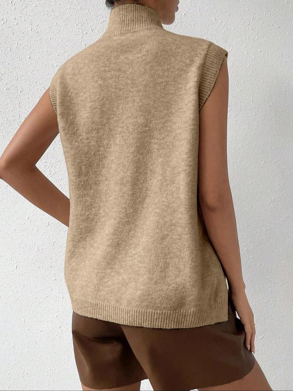 Women's Plain Split Side Sweater Vest, Casual Solid High Neck Knit Top for Fall, Fall Outfits, Fashion Ladies' Fall Knitwear for Daily Wear, Downtown Girl Clothes