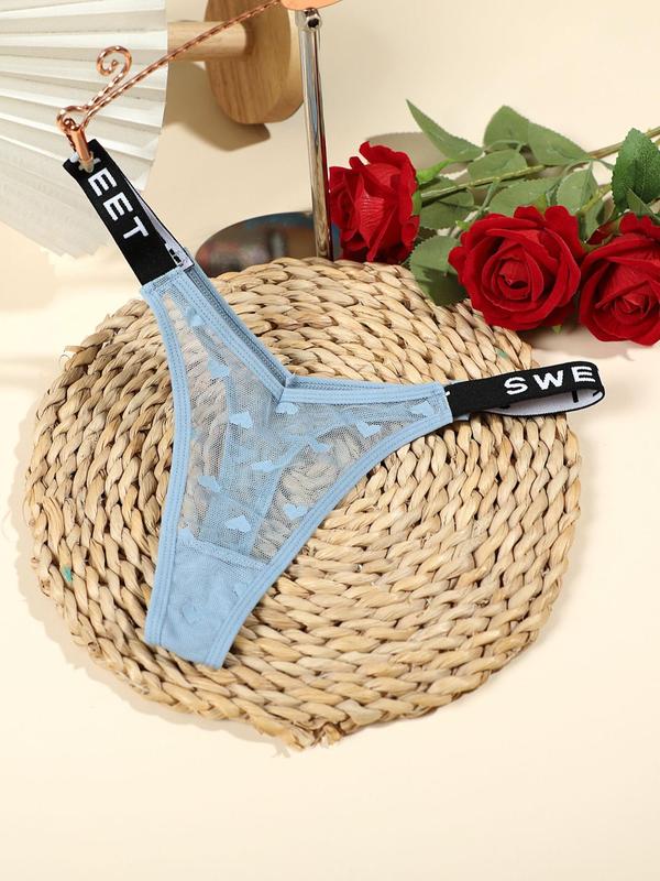 Women's Heart Pattern Letter Tape Waist Sheer Tulle Thong, Breathable Comfortable Thong for Daily Wear, Women's Underwear for All Seasons