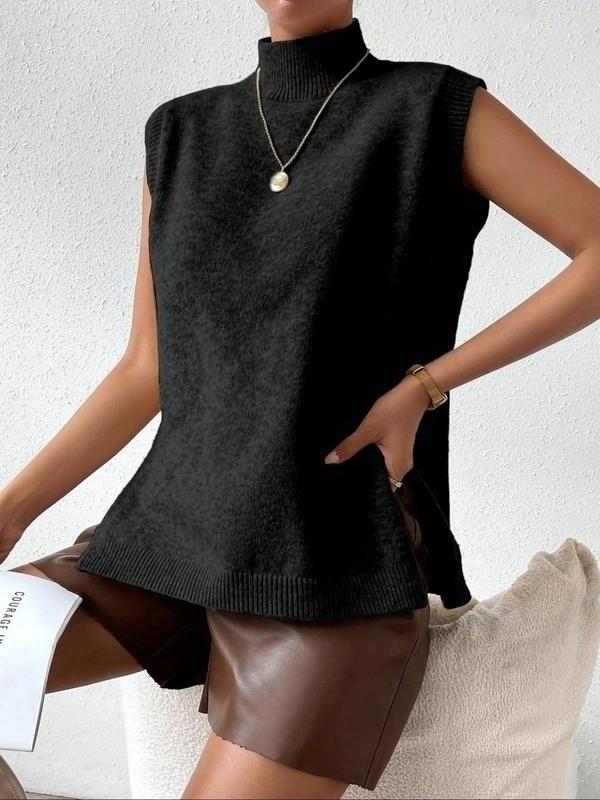 Women's Plain Split Side Sweater Vest, Casual Solid High Neck Knit Top for Fall, Fall Outfits, Fashion Ladies' Fall Knitwear for Daily Wear, Downtown Girl Clothes