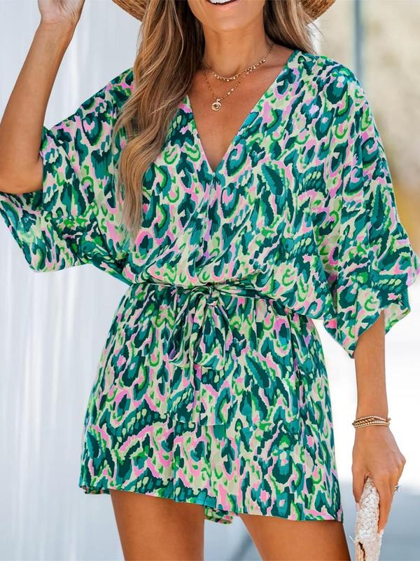 Women's All Over Print Belted V Neck Wide Leg Romper, Lady Boho Comfort Fashion Batwing Sleeve Half Sleeve High Waist Romper for Summer, Bohemian Fashion Women's Clothing for Beach Holiday Vacation, Womenswear Suits