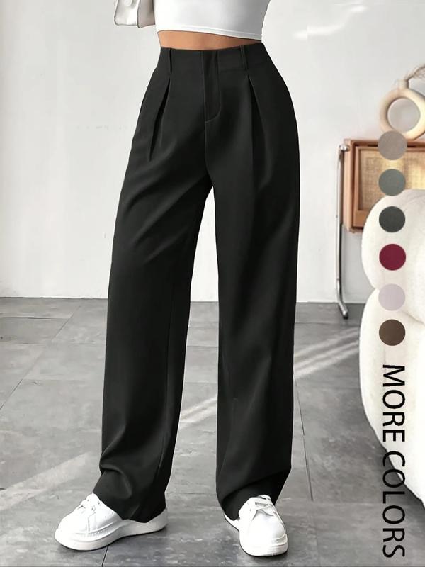 Women's Solid Color Plicated Pocket Wide Leg Pants, Elegant Aesthetic Flattering Zipper Fly High Waist Trousers for Work Office Business, Ladies Spring & Fall Clothes