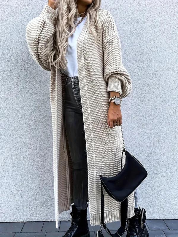 Women's Solid Color Split Hem Drop Shoulder Long Cardigan, Casual Long Sleeve Open Front Knitwear for Fall & Winter, Women's Knit Clothing for Daily Wear