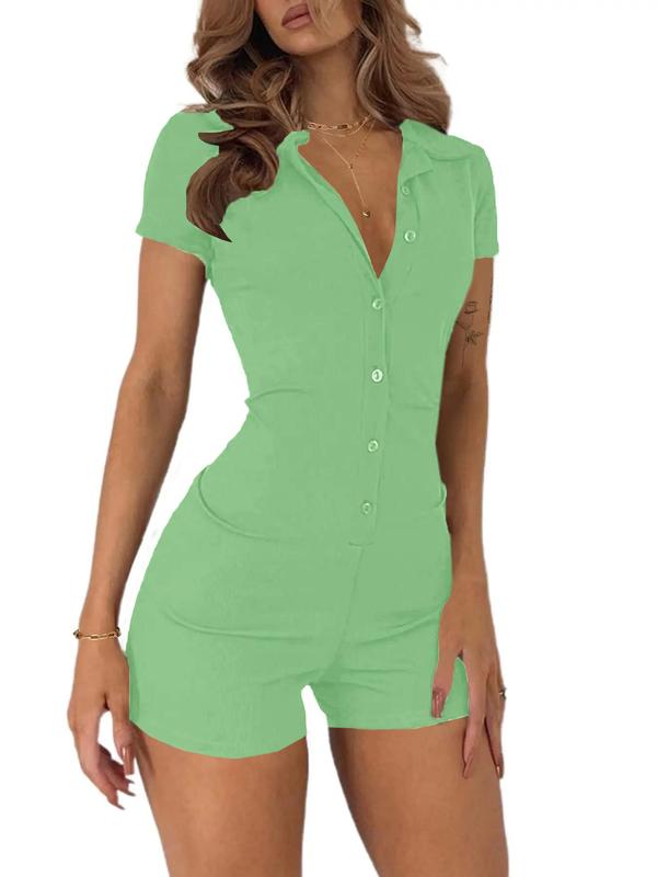 Women's Plain Button Front Collar Romper, Casual Short Sleeve Bodycon Romper, Ladies Summer Clothes for Daily Wear