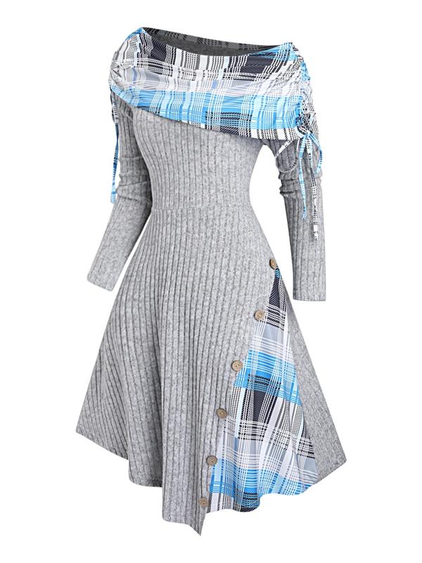 Women's Patchwork Plaid Print Button Decor Tie Side Off Shoulder Dress, Casual Drawstring Long Sleeve A Line Dress for Fall & Winter, Women's Clothes for Daily Wear