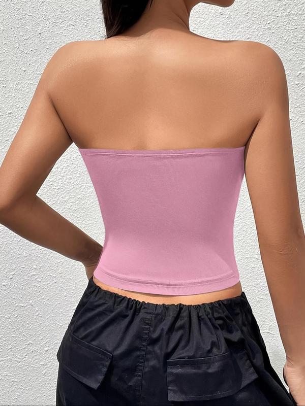 Women's Solid Color Strapless Tube Top, Casual Fashion Short Top for Summer, Ladies Clothes for Daily Wear