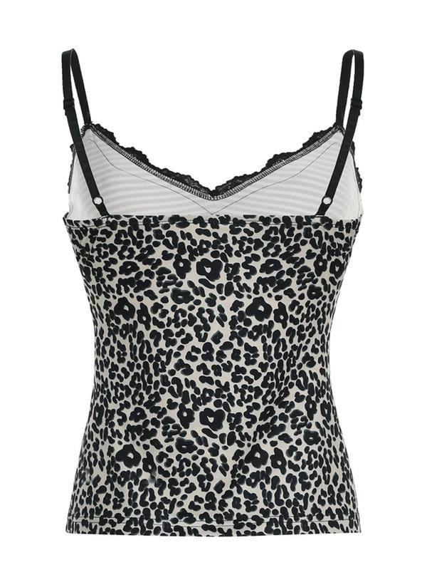 Women's Striped & Leopard Print Contrast Lace Cami Top, Y2K Casual Spaghetti Strap Top for Daily Wear, Ladies Clothes for All Seasons