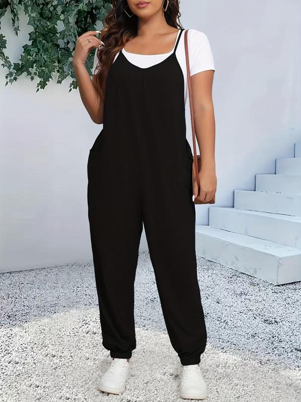 Plus Size Plain Pocket Cami Overalls without Tee, Casual Comfy Sleeveless Spaghetti Strap Overalls for Daily Wear, Women's Plus Clothing for All Seasons