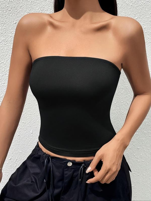 Women's Solid Color Strapless Tube Top, Casual Fashion Short Top for Summer, Ladies Clothes for Daily Wear