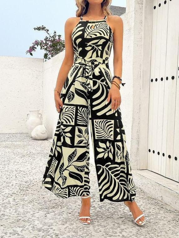 Women's Printed Tie Back Jumpsuits Sleeveless Split Jumpsuits Tie Waist Wide-Leg Jumpsuits H8ZF4E3SHZ