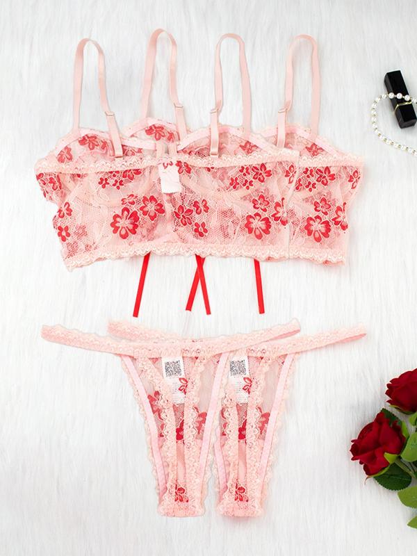 Women's Floral Contrast Lace Underwire Bra & Thong Set, Elegant Tie Front Design Romantic Bra & Panty Set, Lingerie Set for Women