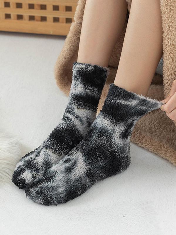 Women's Tie Dye Print Coral Fleece Crew Socks, Casual Soft Comfortable Fuzzy Floor Socks for Fall & Winter, Women's Warm Socks for Daily Wear