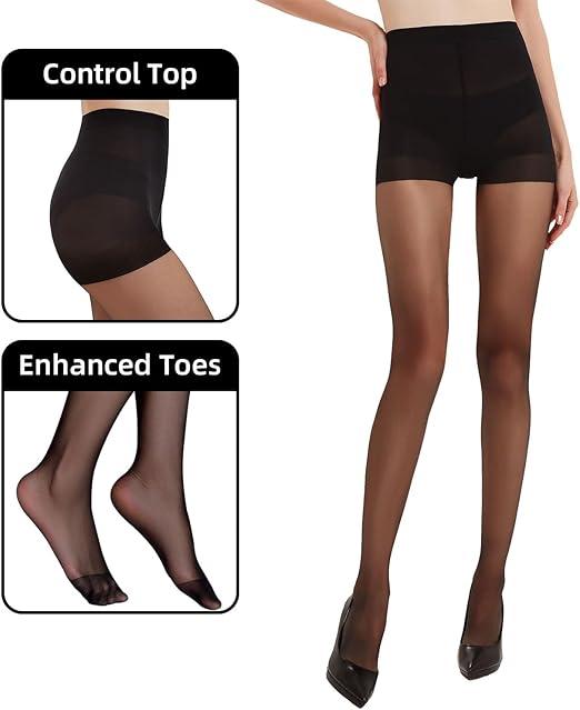 3 Pairs Women's Sheer Tights - 20D Black Tights Non Rip Control Top Pantyhose for Reinforced Toes Slimming Breathable Womenswear Elastic Smooth