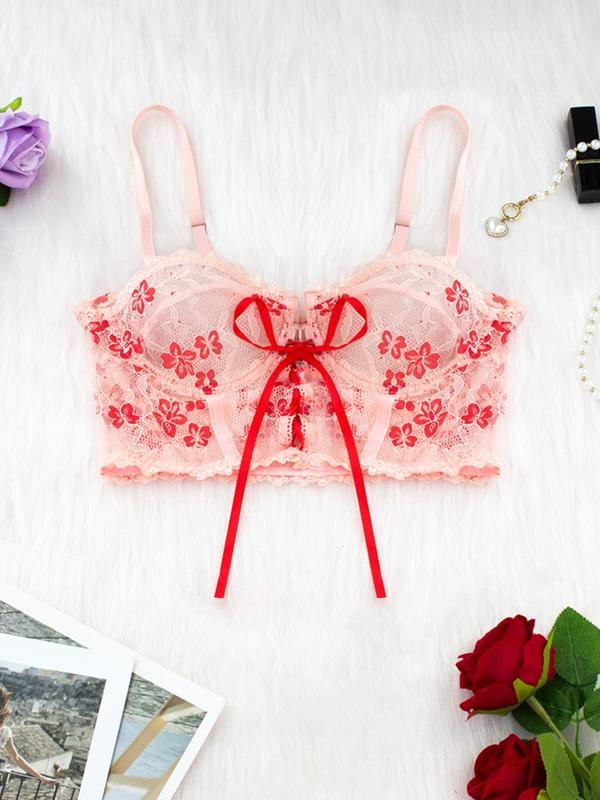 Women's Floral Contrast Lace Underwire Bra & Thong Set, Elegant Tie Front Design Romantic Bra & Panty Set, Lingerie Set for Women