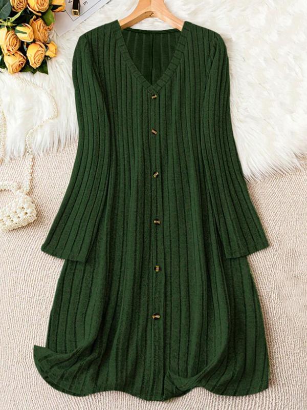  Solid Button Front Ribbed V Neck Dress, Casual Long Sleeve Dress for Fall & Winter, Women's Clothes for Daily Wear