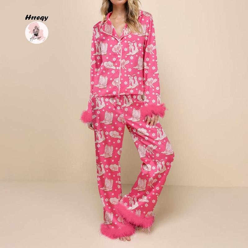 Pajamas for women set Women Christmas Pajamas Lounge Set Santa Christmas Tree Boots Print Shirts Tops and Pants 2 Piece Loungewear Outfits casual fashion Nightwear Long Sleeve  women's pajama sets Pajamas for women set knit pullover