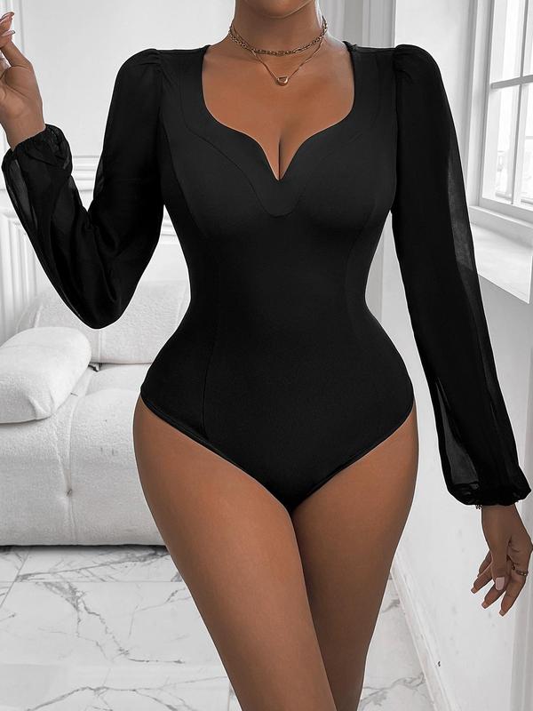 Women's Contrast Mesh Notched Neck Bodysuit, Elegant Bishop Sleeve Bodysuit for Spring & Fall, Ladies Clothes for Daily Wear