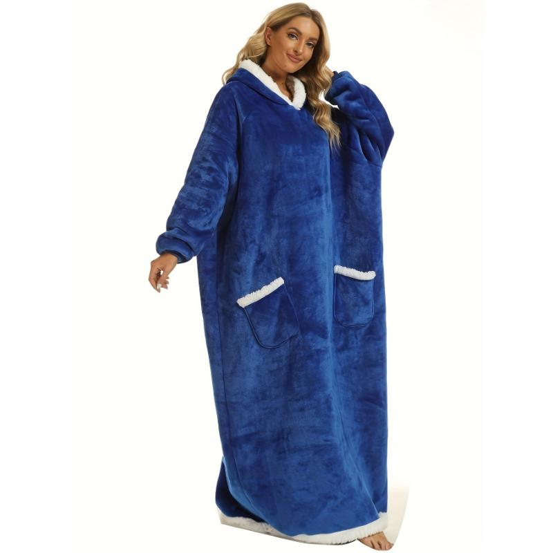 Plus Size Womens Flannel Loungewear Robe - Super Soft Hooded Wearable Blanket with Pockets for Cozy Casual Days