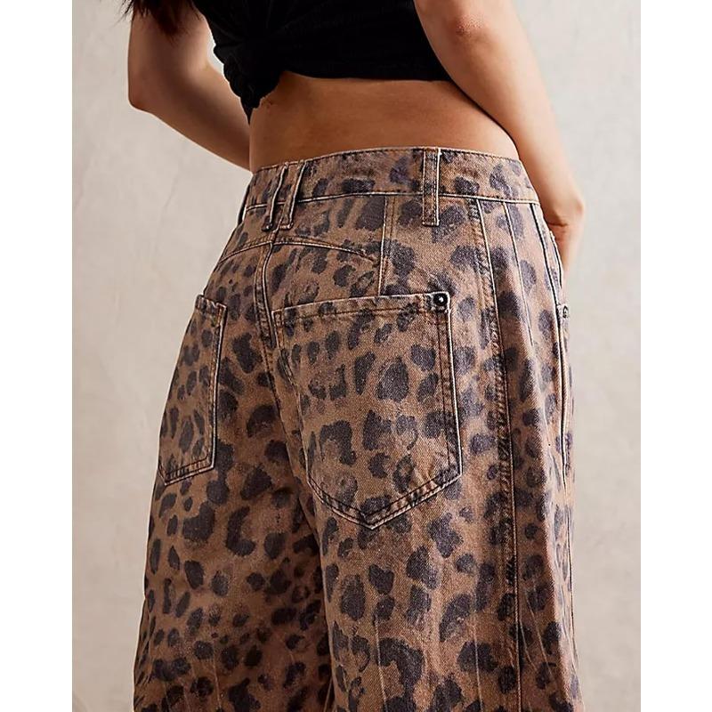 Women's Baggy Barrel Jeans Casual Boyfriend Mid Rise Leopard Printed Wide Leg Denim Ankle Pants casual jean wide leg jeans