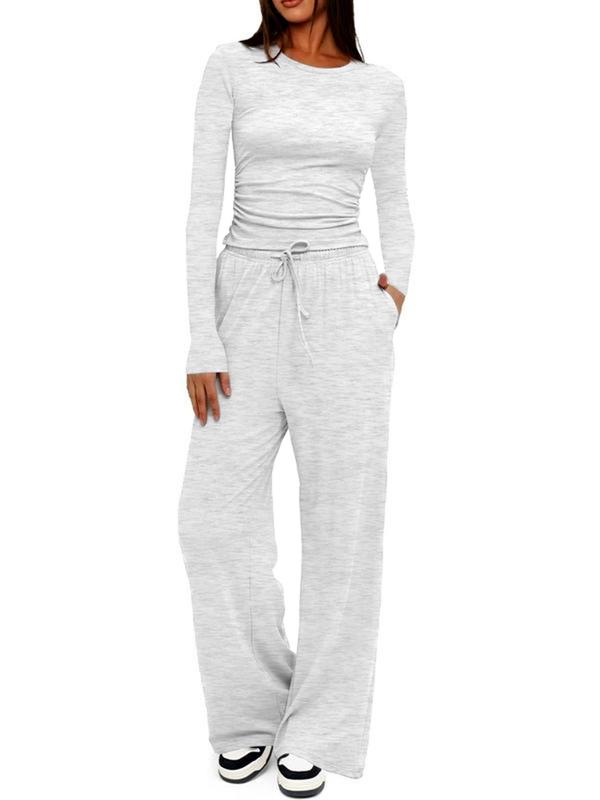 Women's Solid Ruched Drawstring Lounge Set, Casual Long Sleeve Round Neck Top & Elastic Waist Pants, Ladies Sleepwear for All Seasons