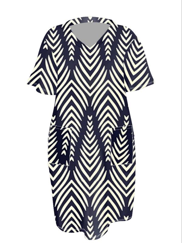  All Over Print Pocket Drop Shoulder Lounge Dress, Casual V Neck Short Sleeve Nightgown for Women, Women's Sleepwear for Spring & Fall