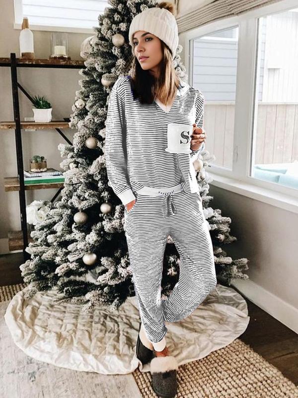 @shopwithjulie Collection Women's Christmas Striped Print V Neck Tee & Drawstring Waist Pants Lounge Sets, Relaxed Pajamas Sets Women, Pj Sets for Women, Casual Comfy Long Sleeve Top & Trousers for Fall & Winter, Lady's Sleepwear