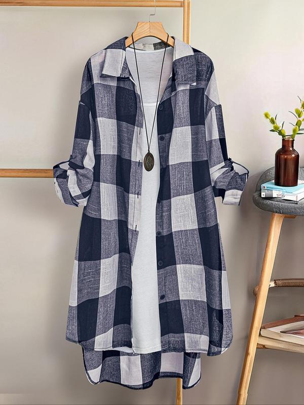  Women's Plaid Print Button Front High Low Hem Shirt, Casual Roll Up Sleeve Collared Top for Daily Wear, Ladies Clothes for All Seasons