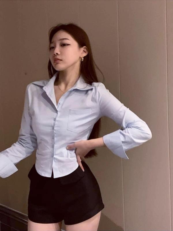 Women's Plain Pocket Button Front Crop Blouse, Fall Outfits, Shirts for Women, Casual Long Sleeve Collared Top for Spring & Fall, Going Out Tops, Fall Clothing Women, Ladies Clothes for Daily Wear