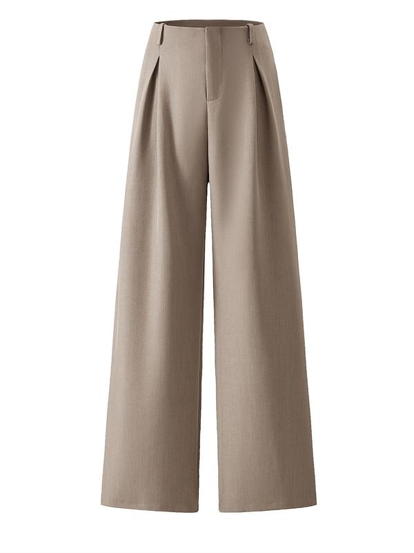 Women's Solid Color Plicated Pocket Wide Leg Pants, Elegant Aesthetic Flattering Zipper Fly High Waist Trousers for Work Office Business, Ladies Spring & Fall Clothes