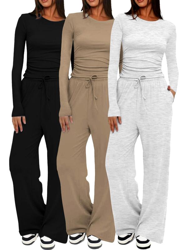 Women's Solid Ruched Drawstring Lounge Set, Casual Long Sleeve Round Neck Top & Elastic Waist Pants, Ladies Sleepwear for All Seasons