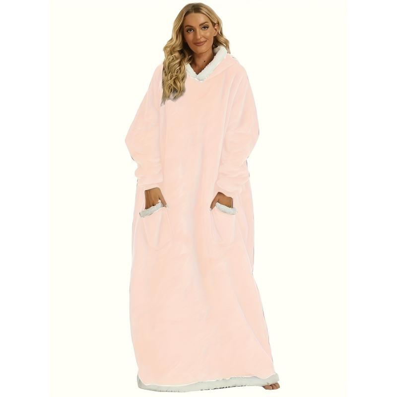 Plus Size Womens Flannel Loungewear Robe - Super Soft Hooded Wearable Blanket with Pockets for Cozy Casual Days