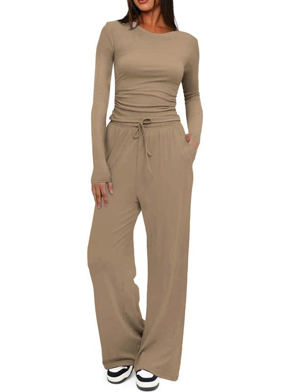 Women's Solid Ruched Drawstring Lounge Set, Casual Long Sleeve Round Neck Top & Elastic Waist Pants, Ladies Sleepwear for All Seasons