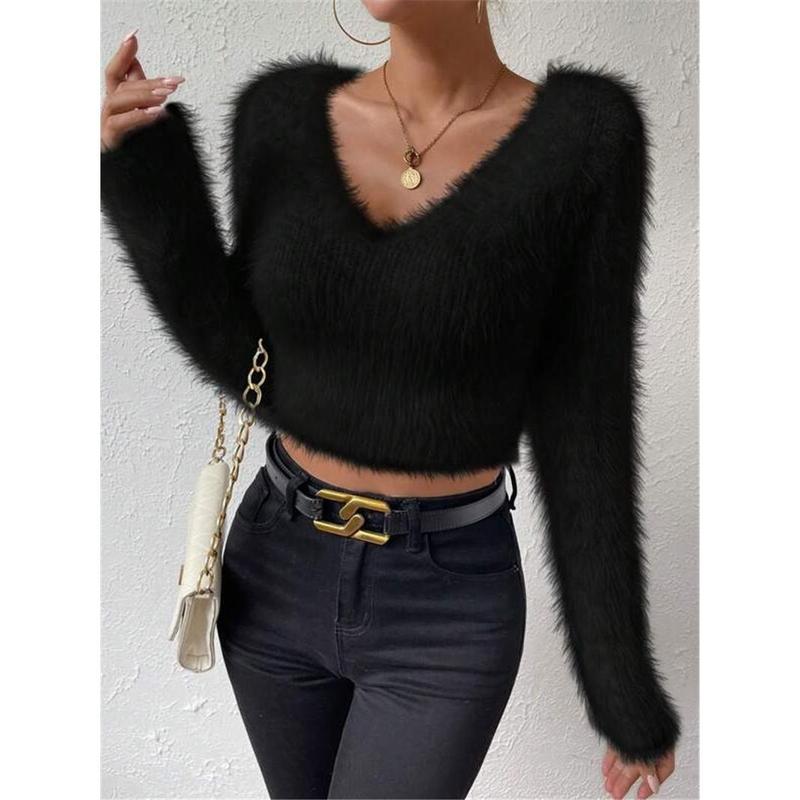 2024 New Arrival Hot Sale Autumn and Winter New Solid Color and V-neck Slim Fit All-Match Plush Short Women's Sweater