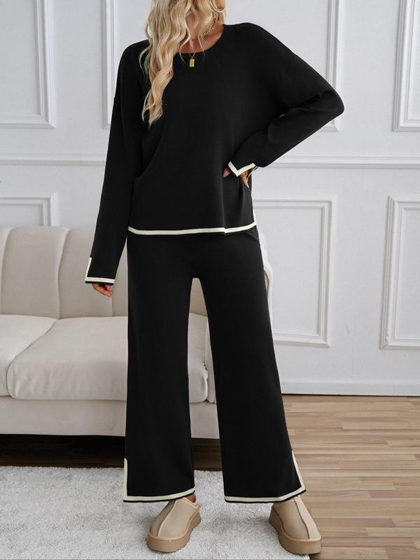 Two-Piece Set Women's Contrast Binding Split Hem Top & Wide Leg Pants, Casual Long Sleeve Round Neck Top & Trousers Set for Fall & Winter, Women's Sleepwear for Indoor Wear