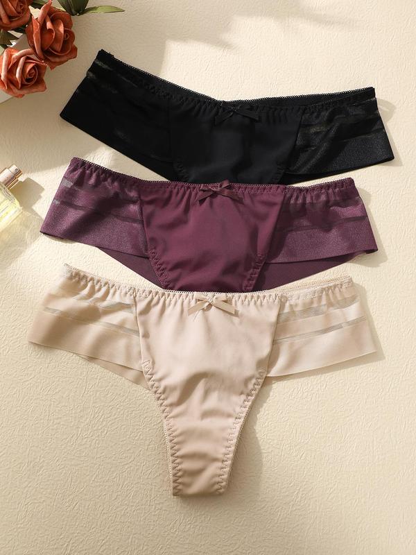 Women's 3pcs Bow Decor Contrast Lace Panty, Sexy Solid Minimalist Low Waist Thong, Women's Knicker for All Seasons, Comfort Womenswear for Daily Wear