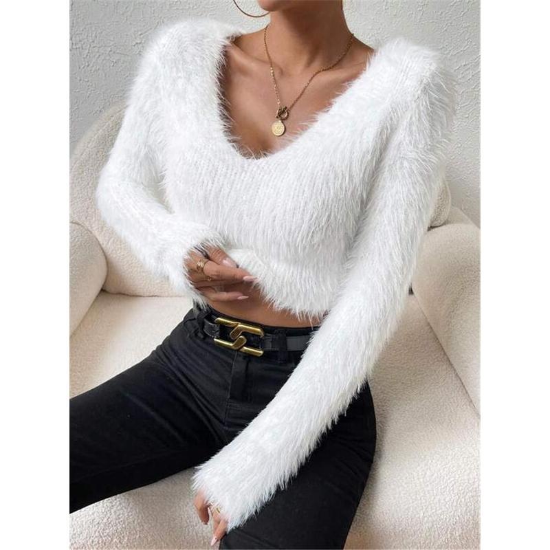 2024 New Arrival Hot Sale Autumn and Winter New Solid Color and V-neck Slim Fit All-Match Plush Short Women's Sweater