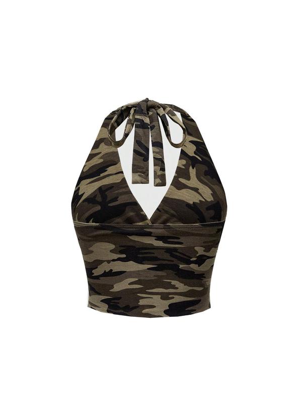 Women's Camo Print Tie Back Halter Neck Tank Top, Fashion Casual Backless Sleeveless Top for Daily Outdoor Wear, Ladies Clothes for Summer