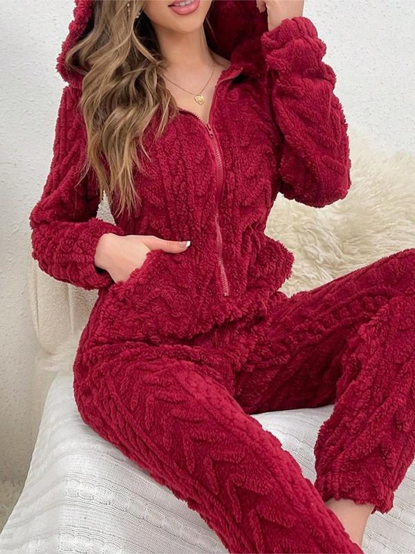 Women's Solid Color Half Zip Hooded Pajama Onesie, Casual Long Sleeve Pocket Design Sleep Jumpsuit for Fall & Winter,  Pajama Sets Women, Women's Sleepwear for Indoor Wear