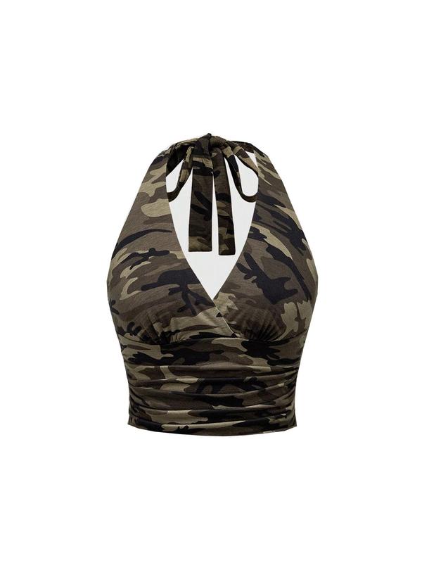 Women's Camo Print Tie Back Halter Neck Tank Top, Fashion Casual Backless Sleeveless Top for Daily Outdoor Wear, Ladies Clothes for Summer