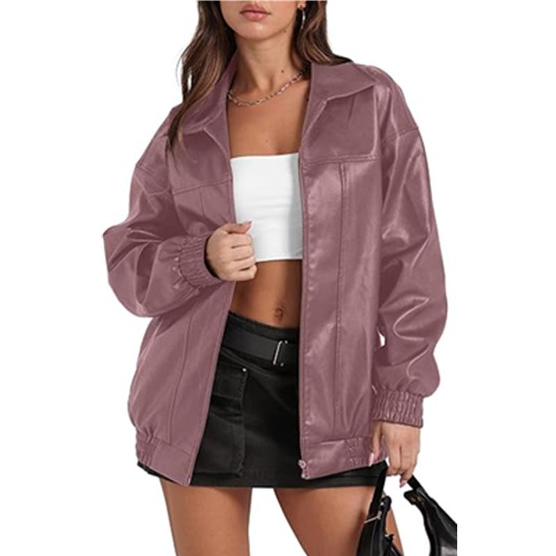 PU Leather Jacket Long Sleeve Lapel Zipper Side Pocket Casual Trench Coat Women