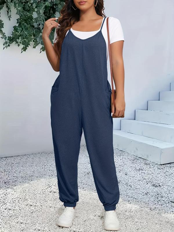 Plus Size Plain Pocket Cami Overalls without Tee, Casual Comfy Sleeveless Spaghetti Strap Overalls for Daily Wear, Women's Plus Clothing for All Seasons