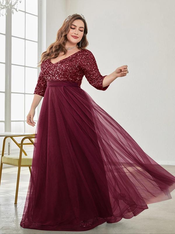  Contrast Sequin V Neck Tulle Party Dress, Elegant 3 4 Sleeve Zipper Back Maxi Evening Party Gown, Women's Clothes for All Seasons