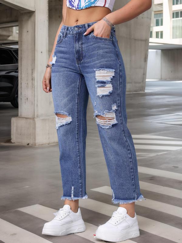 Women's Plain Ripped Raw Hem Straight Leg Jeans, Casual Fashion Denim Pants for Daily Wear, Jeans for Women, Ladies Bottoms for Fall & Winter