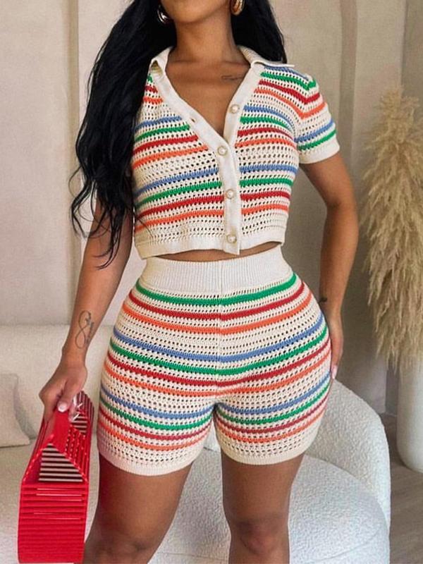 Women's Colorblock Striped Print Button Front Crop Cardigan & High Waist Shorts Sweater Co-ord Set, Casual Short Sleeve Collared Top & Skinny Shorts for Summer, Summer Clothes Women, Ladies Back To School Clothes for Daily Wear