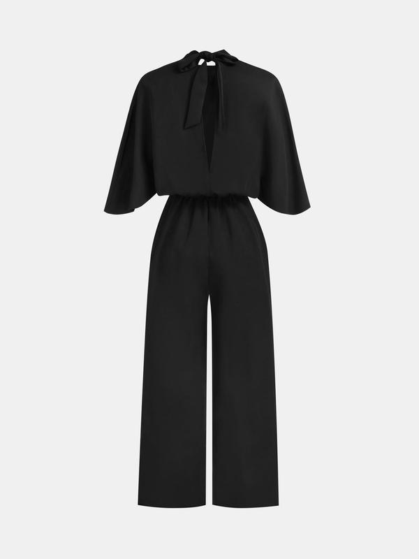 YOZY Women's Solid Tie Back Cloak Sleeve Jumpsuit, Elegant Mock Neck Wide Leg Jumpsuit for Party Holiday, Ladies Fall & Winter Clothes